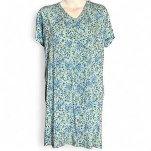 Pure J. Jill Soft T Shirt Dress Sz 3X Blue Floral V Neck Pockets Cottage Cotton